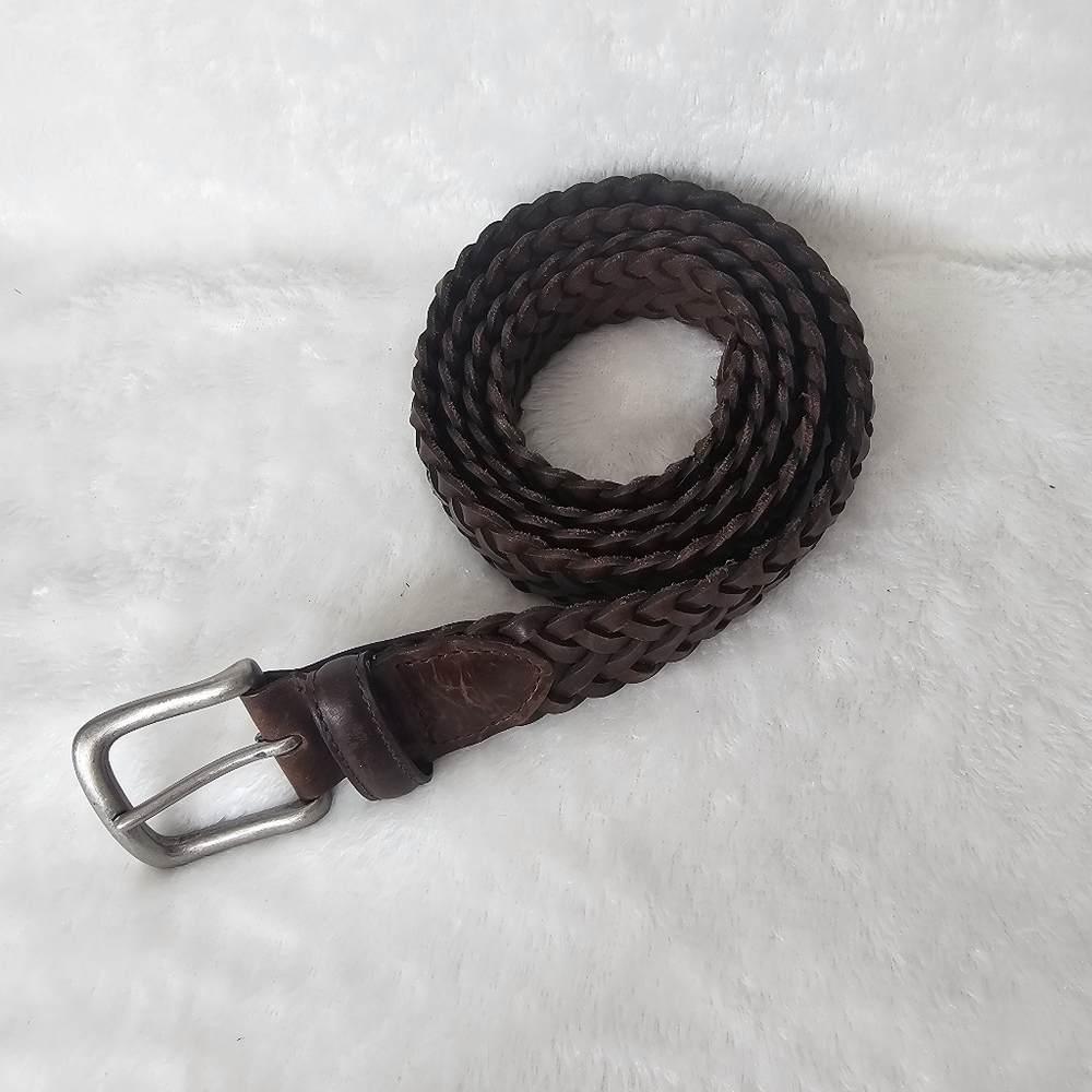 Genuine Brown Leather Braided Belt Solid Brass Buckle 42 / 105